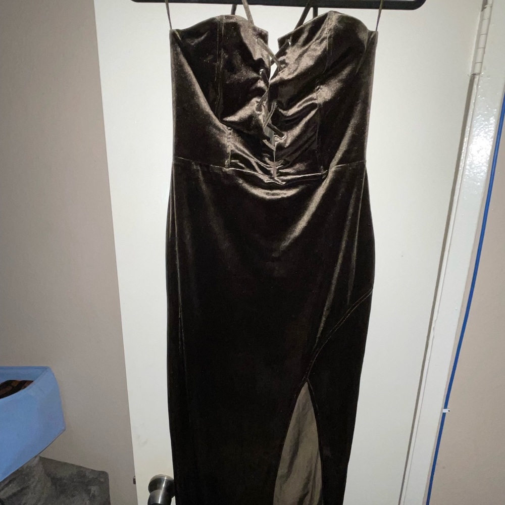 Olive Green Velvet Strapless Dress